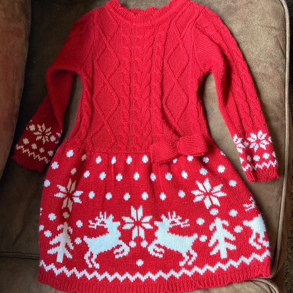 Red Reindeer Knit Dress for Kids Christmas Holiday